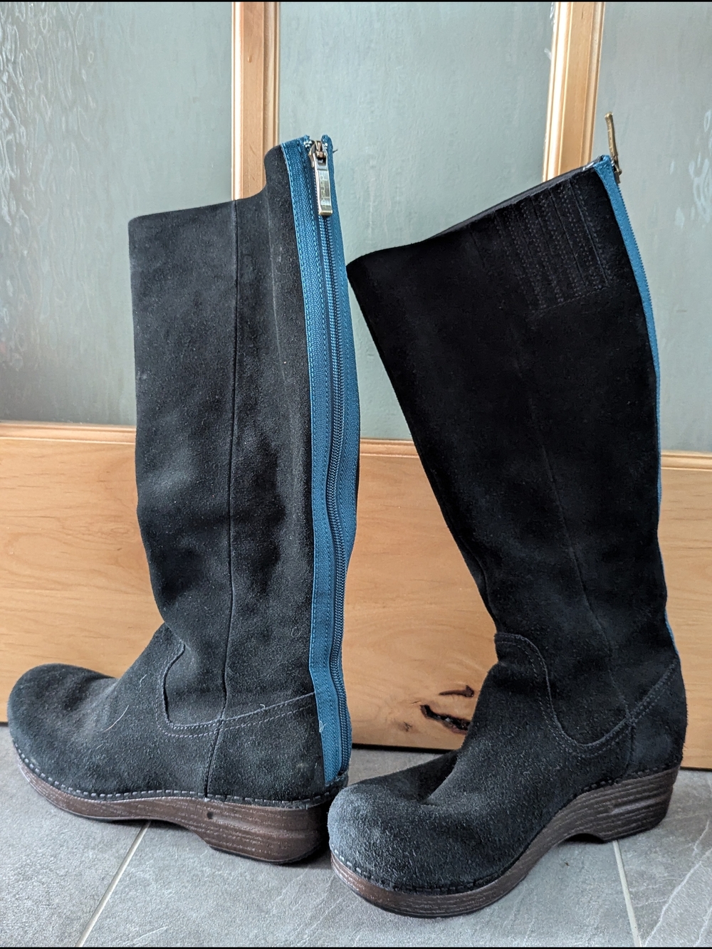 Black Suede Boots with Blue Back Zip